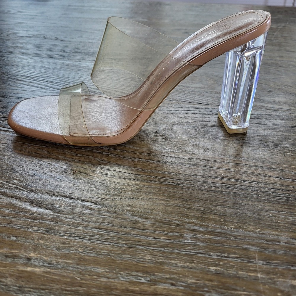 Zara Basic Collection Clear Vinyl Mule Sandals Tan Square Toe Block Heel EU 38 - Picture 3 of 8
